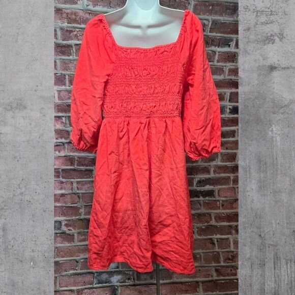 Isabel Maternity Coral Mini Dress Medium Smocked Puff Sleeve Linen Blend - Picture 2 of 7